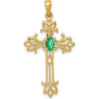 14K Yellow Gold 5x3mm Oval Emerald Cross Pendant with Faceted Emerald - 0.25 Carat by Monteluci Fine Jewelry