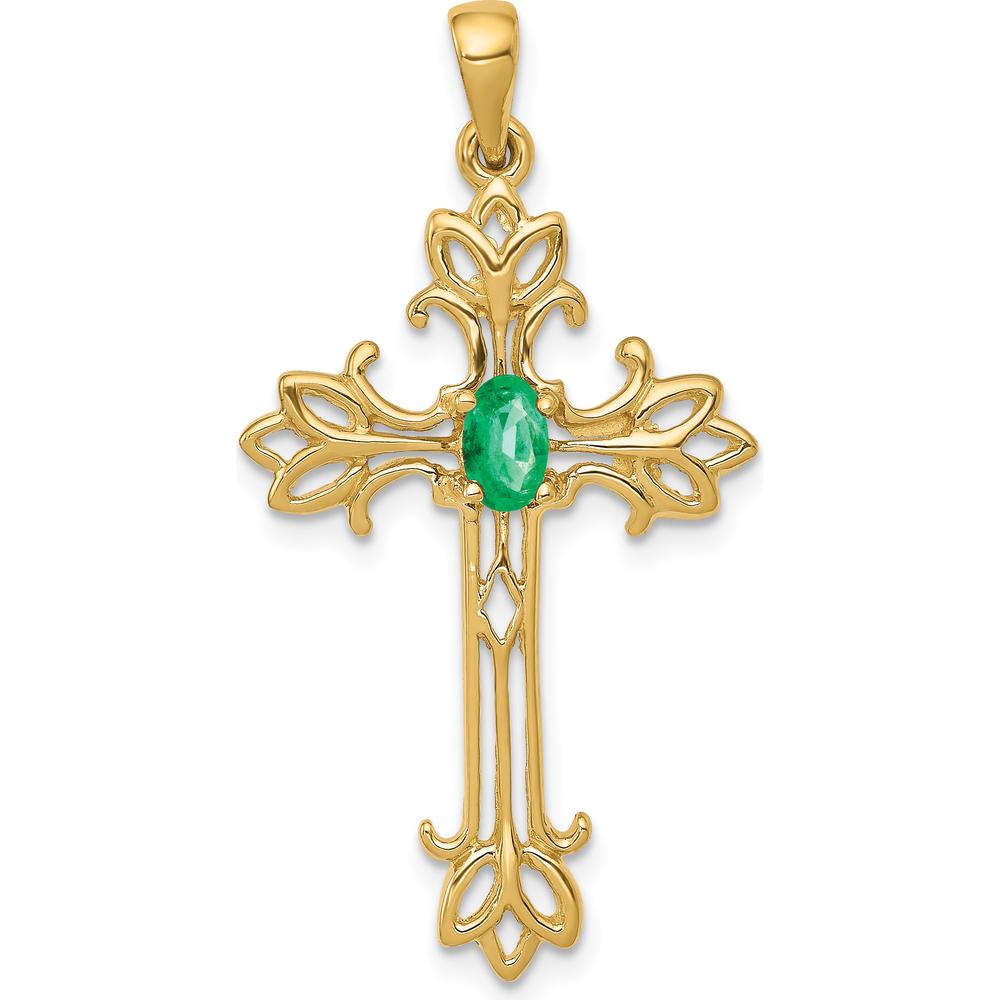 14K Yellow Gold 5x3mm Oval Emerald Cross Pendant with Faceted Emerald - 0.25 Carat by Monteluci Fine Jewelry