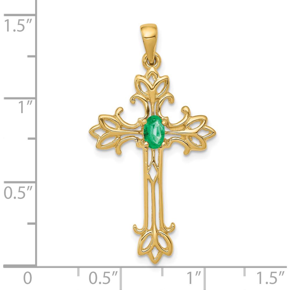 14K Yellow Gold 5x3mm Oval Emerald Cross Pendant with Faceted Emerald - 0.25 Carat by Monteluci Fine Jewelry