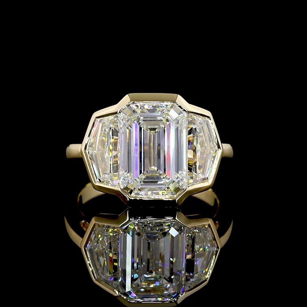 14K Yellow Gold 6.03 Carat Three Stone Ring with Bezel Set Emerald Cut Lab Diamonds - E-F Color, VS1 Clarity - Covaloro Fine Jewelry