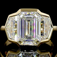 14K Yellow Gold 6.03 Carat Three Stone Ring with Bezel Set Emerald Cut Lab Diamonds - E-F Color, VS1 Clarity - Covaloro Fine Jewelry