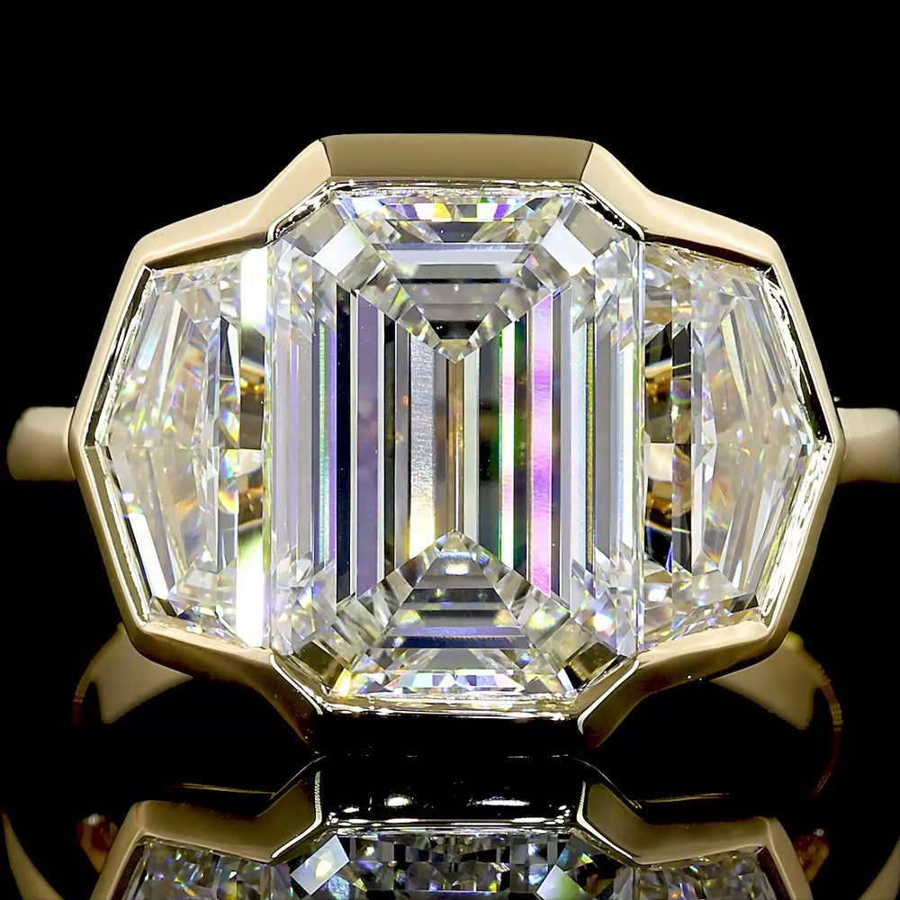 14K Yellow Gold 6.03 Carat Three Stone Ring with Bezel Set Emerald Cut Lab Diamonds - E-F Color, VS1 Clarity - Covaloro Fine Jewelry