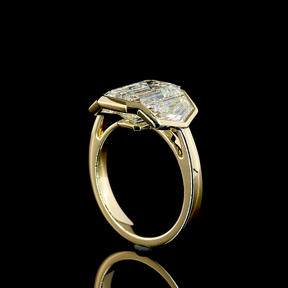 14K Yellow Gold 6.03 Carat Three Stone Ring with Bezel Set Emerald Cut Lab Diamonds - E-F Color, VS1 Clarity - Covaloro Fine Jewelry