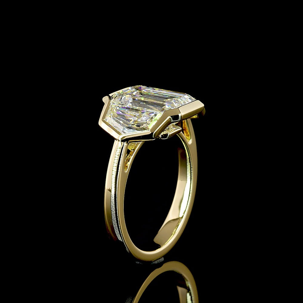 14K Yellow Gold 6.03 Carat Three Stone Ring with Bezel Set Emerald Cut Lab Diamonds - E-F Color, VS1 Clarity - Covaloro Fine Jewelry