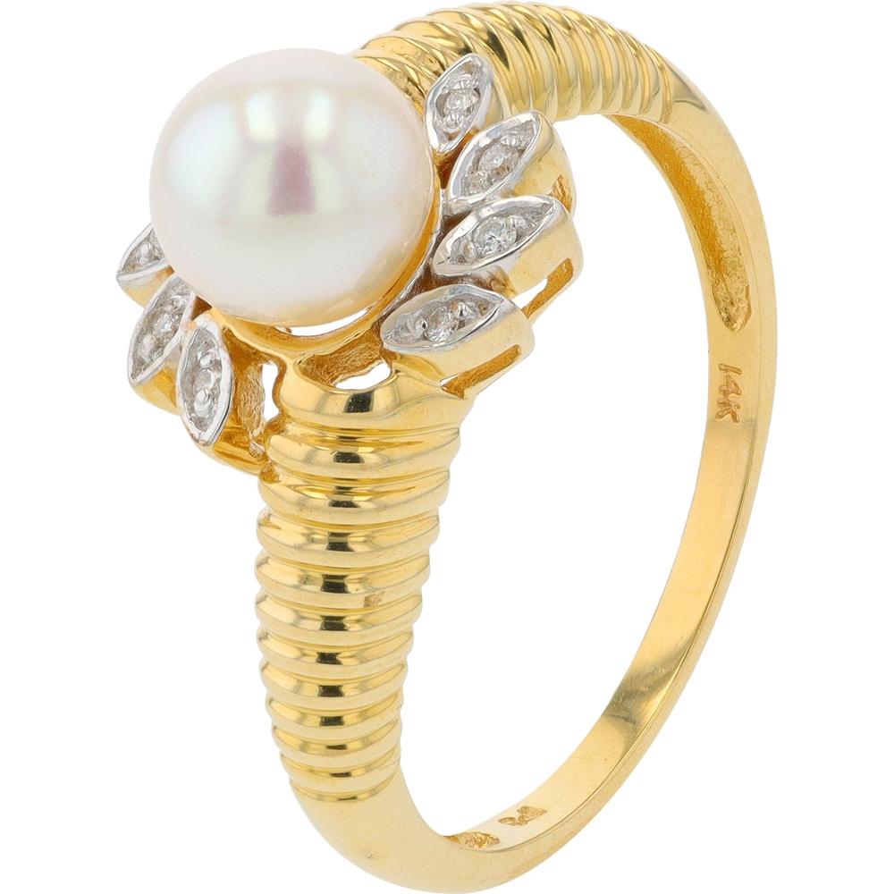 14K Yellow Gold 6.5-7mm Pearl Ring with Diamond Accent - 0.02 Carats Total Diamond Weight