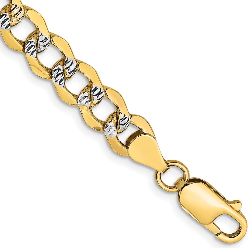 14K Yellow Gold 6.75mm Semi-Solid Rhodium Pavé Curb Bracelet with Lobster Clasp - 8" Length by Oro Pregiato