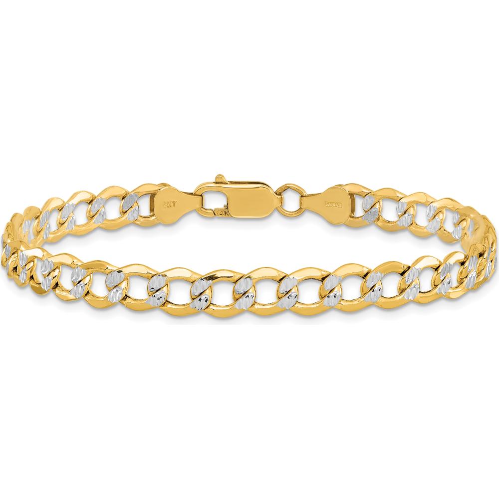 14K Yellow Gold 6.75mm Semi-Solid Rhodium Pavé Curb Bracelet with Lobster Clasp - 8" Length by Oro Pregiato
