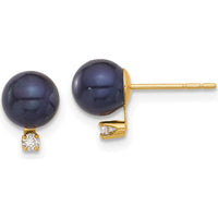 14K Yellow Gold 6-7mm Black Round Freshwater Pearl and Diamond Post Earrings - 0.06 Carat Total Diamond Weight by Monteluci Fine Jewelry
