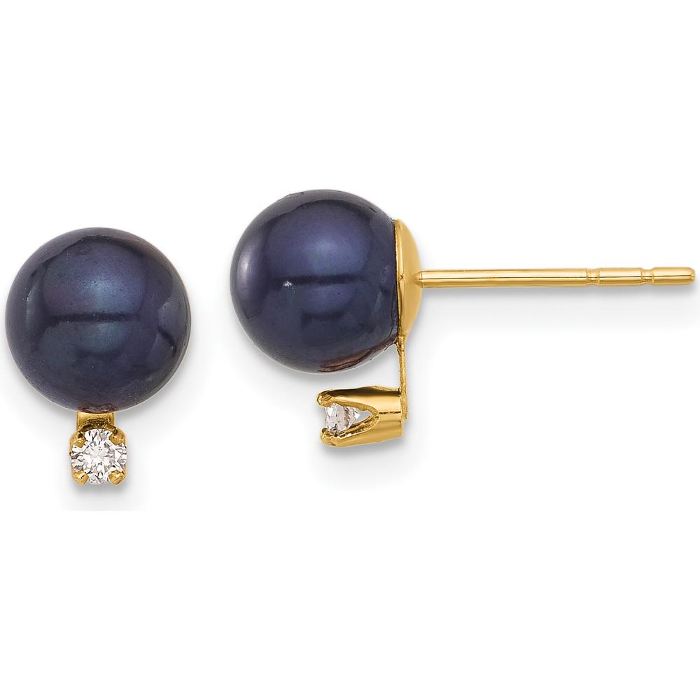 14K Yellow Gold 6-7mm Black Round Freshwater Pearl and Diamond Post Earrings - 0.06 Carat Total Diamond Weight by Monteluci Fine Jewelry