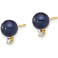 14K Yellow Gold 6-7mm Black Round Freshwater Pearl and Diamond Post Earrings - 0.06 Carat Total Diamond Weight by Monteluci Fine Jewelry