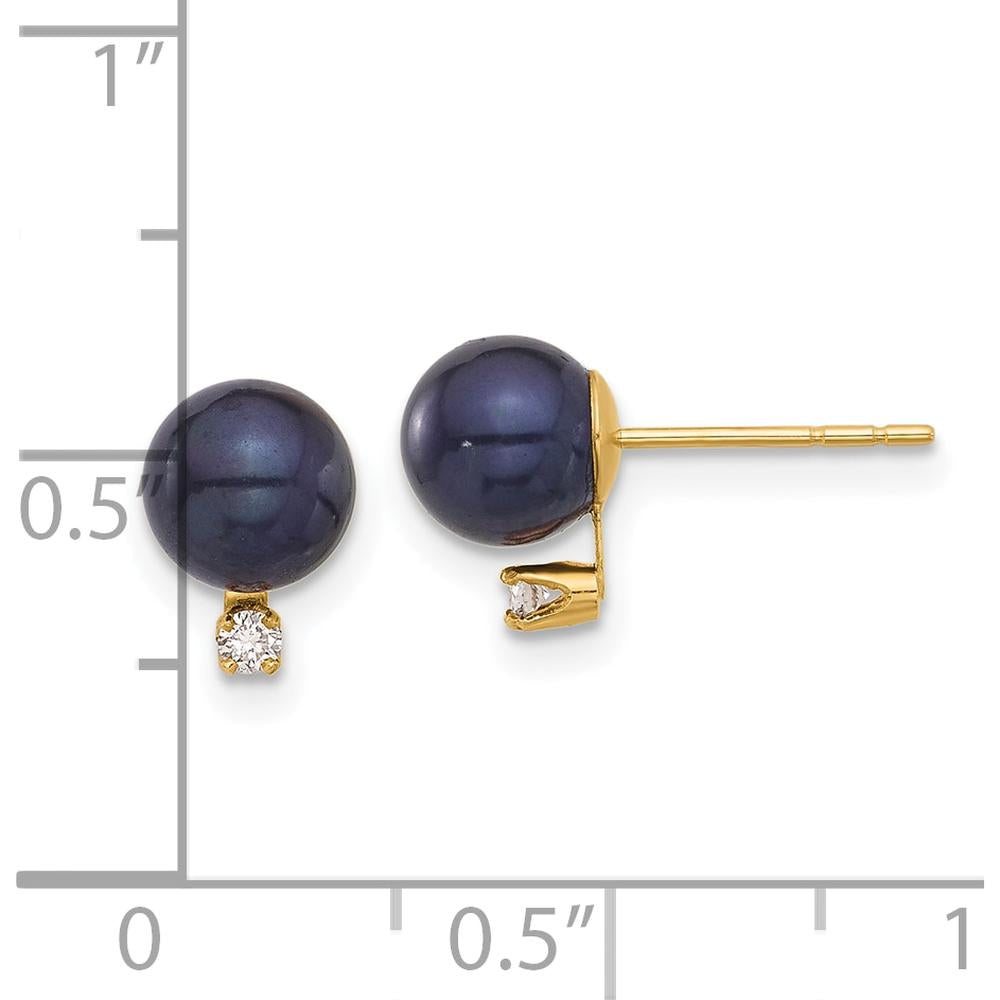 14K Yellow Gold 6-7mm Black Round Freshwater Pearl and Diamond Post Earrings - 0.06 Carat Total Diamond Weight by Monteluci Fine Jewelry