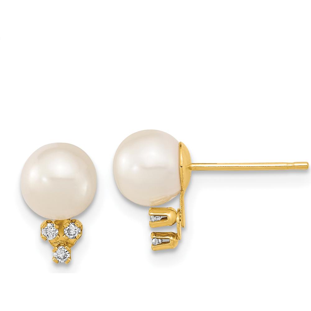14K Yellow Gold 6-7mm Freshwater Cultured Pearl and 0.06 Carat Diamond Post Earrings by Monteluci Fine Jewelry