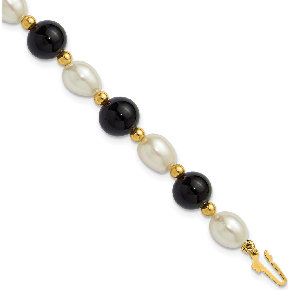 14K Yellow Gold 6-7mm Freshwater Cultured Pearl and Onyx Beaded 8" Bracelet by Monteluci Fine Jewelry
