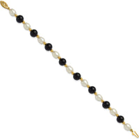 14K Yellow Gold 6-7mm Freshwater Cultured Pearl and Onyx Beaded 8" Bracelet by Monteluci Fine Jewelry