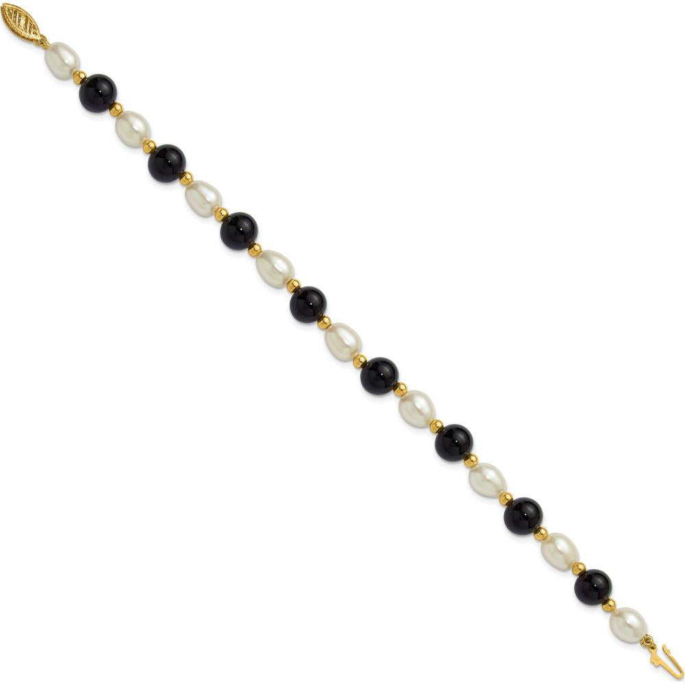 14K Yellow Gold 6-7mm Freshwater Cultured Pearl and Onyx Beaded 8" Bracelet by Monteluci Fine Jewelry