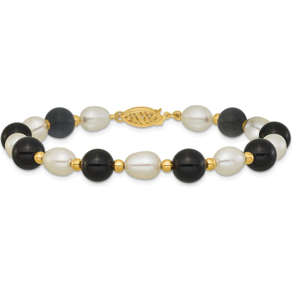 14K Yellow Gold 6-7mm Freshwater Cultured Pearl and Onyx Beaded 8" Bracelet by Monteluci Fine Jewelry