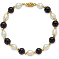 14K Yellow Gold 6-7mm Freshwater Cultured Pearl and Onyx Beaded 8" Bracelet by Monteluci Fine Jewelry