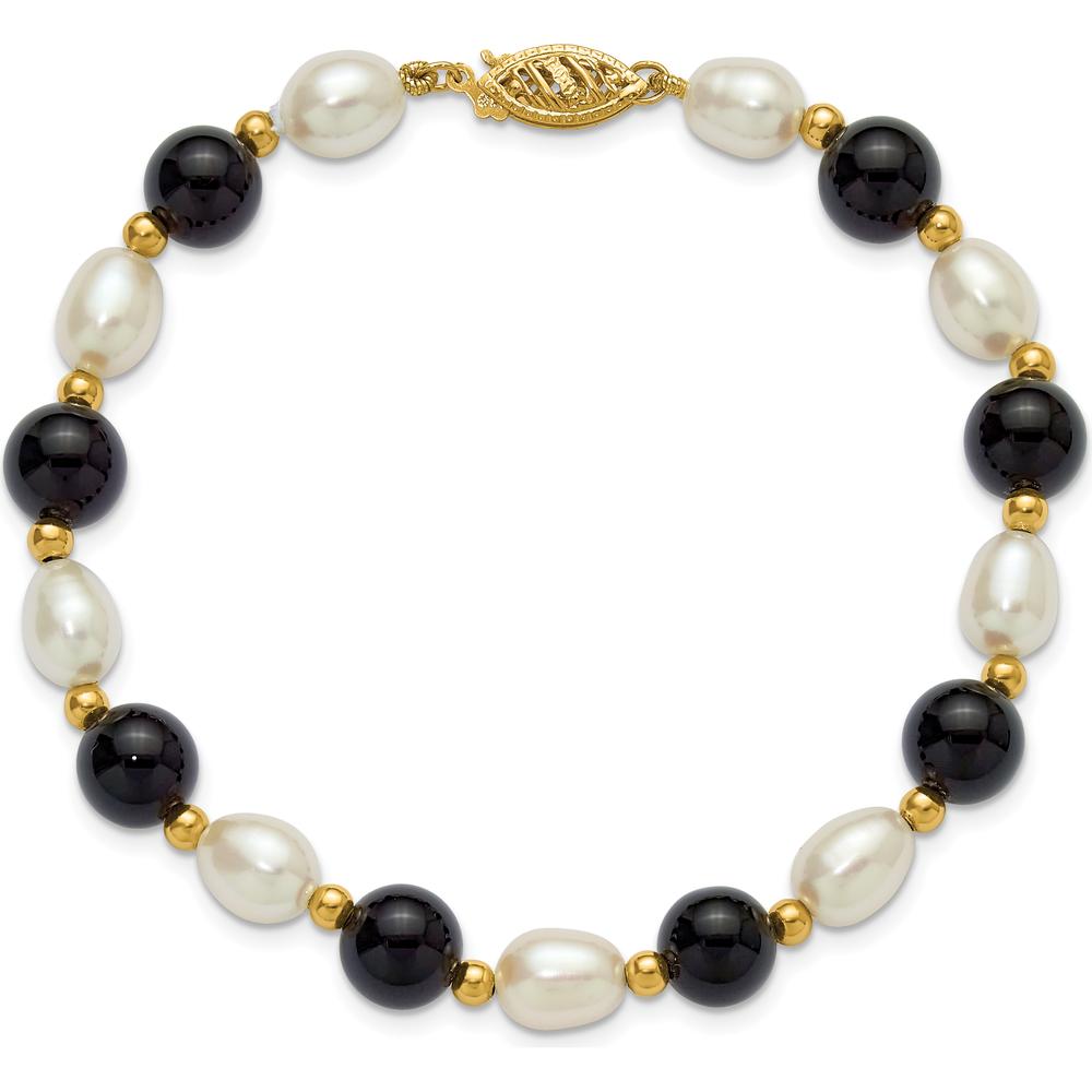 14K Yellow Gold 6-7mm Freshwater Cultured Pearl and Onyx Beaded 8" Bracelet by Monteluci Fine Jewelry