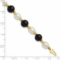 14K Yellow Gold 6-7mm Freshwater Cultured Pearl and Onyx Beaded 8" Bracelet by Monteluci Fine Jewelry