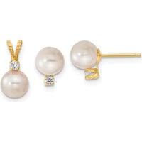 14K Yellow Gold 6-7mm White Akoya Cultured Pearl and .10 Carat Diamond Stud Earrings and Pendant Set by Monteluci Fine Jewelry