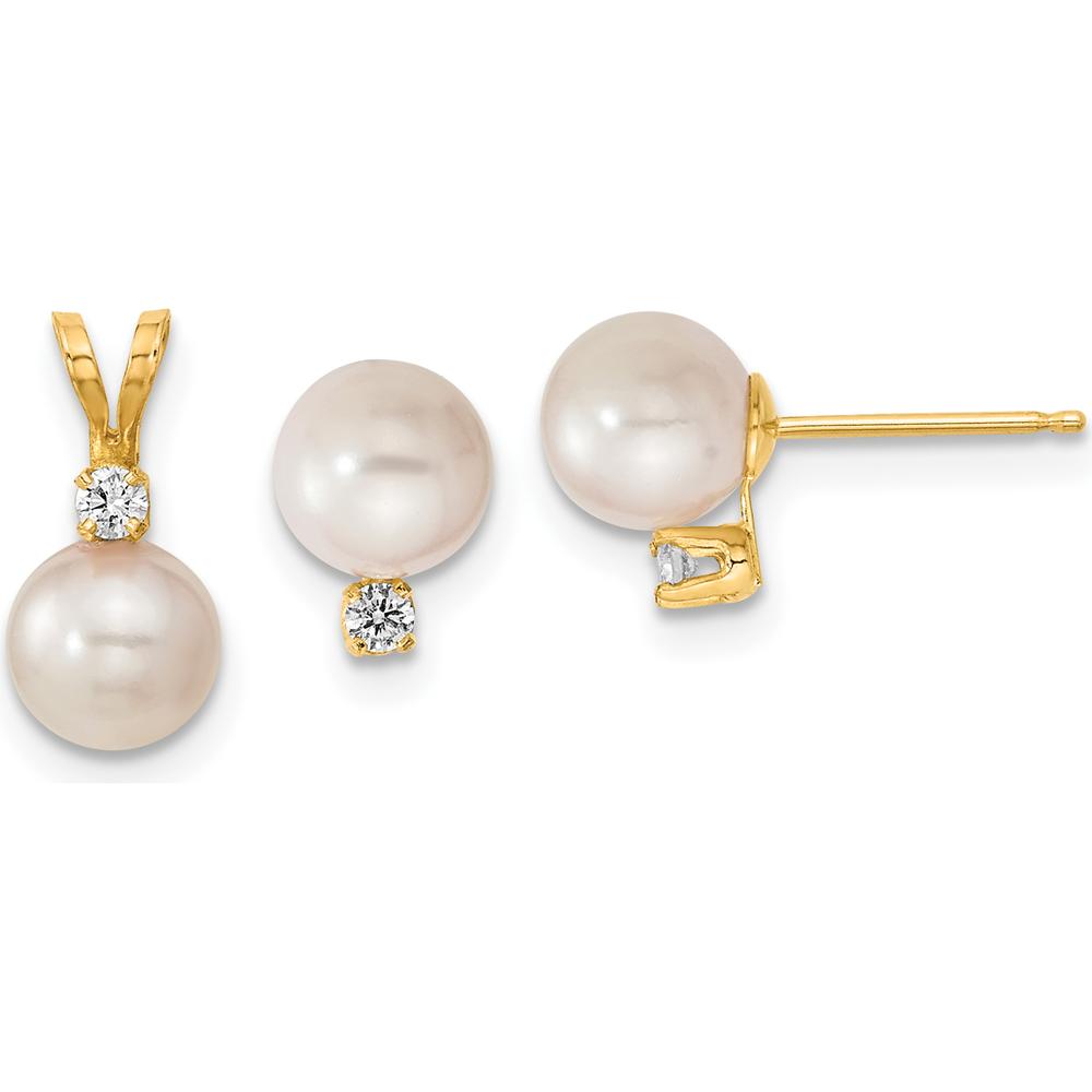 14K Yellow Gold 6-7mm White Akoya Cultured Pearl and .10 Carat Diamond Stud Earrings and Pendant Set by Monteluci Fine Jewelry
