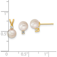 14K Yellow Gold 6-7mm White Akoya Cultured Pearl and .10 Carat Diamond Stud Earrings and Pendant Set by Monteluci Fine Jewelry