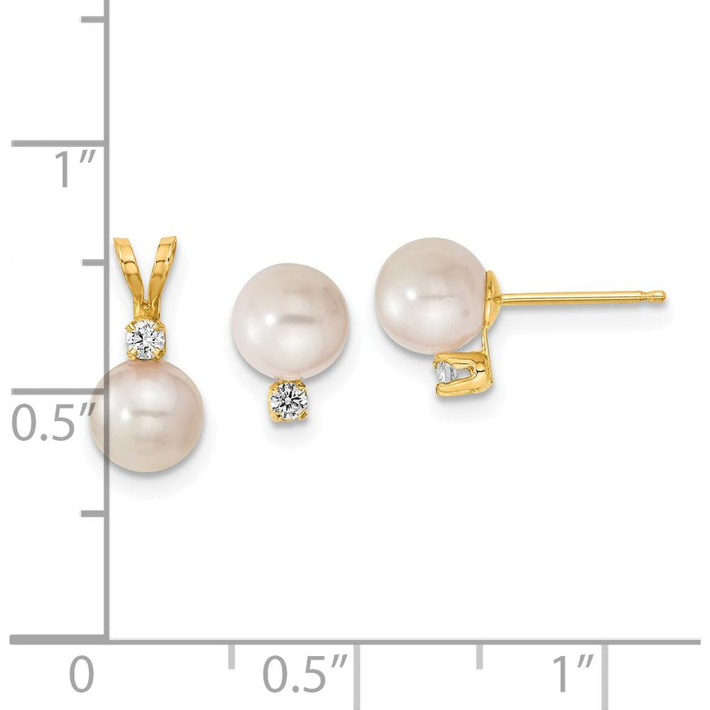 14K Yellow Gold 6-7mm White Akoya Cultured Pearl and .10 Carat Diamond Stud Earrings and Pendant Set by Monteluci Fine Jewelry
