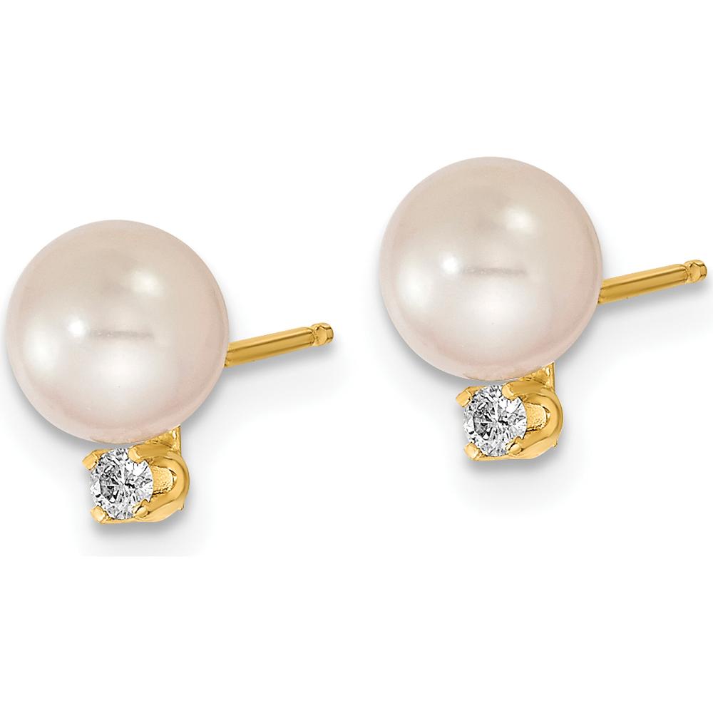 14K Yellow Gold 6-7mm White Akoya Cultured Pearl and .10 Carat Diamond Stud Earrings and Pendant Set by Monteluci Fine Jewelry