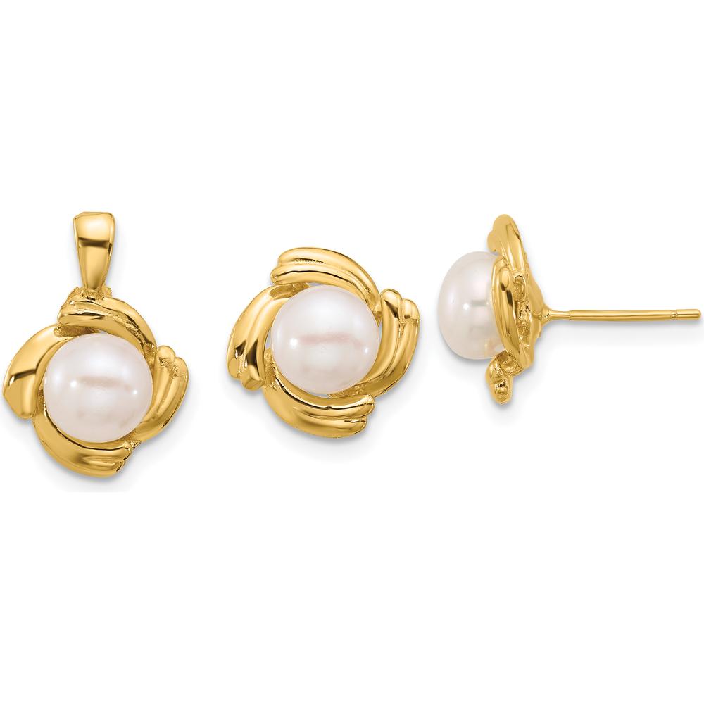 14K Yellow Gold 6-7mm White Button Freshwater Cultured Pearl Pendant and Earrings Set by Monteluci Fine Jewelry