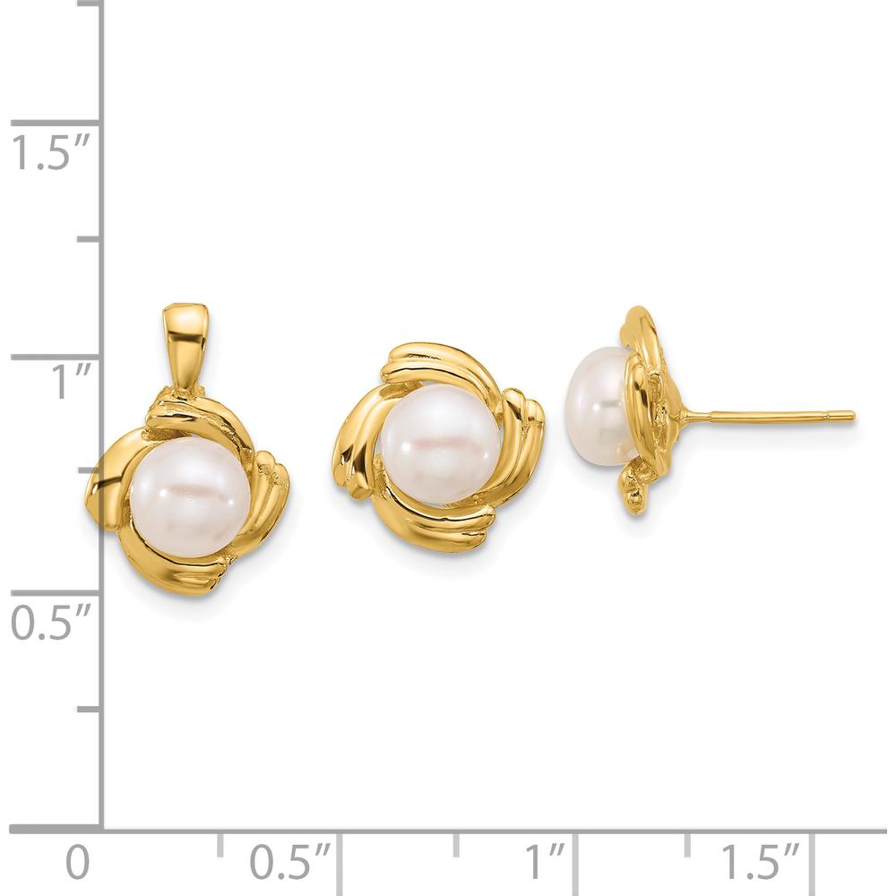 14K Yellow Gold 6-7mm White Button Freshwater Cultured Pearl Pendant and Earrings Set by Monteluci Fine Jewelry