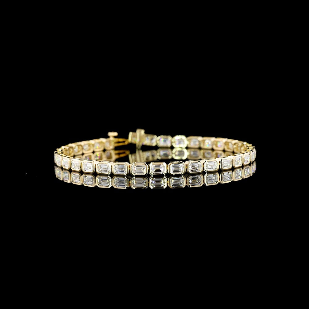 14K Yellow Gold 6.85 Carat East-West Bezel Set Emerald Cut Lab Diamond Tennis Bracelet with 35 Stones - Covaloro Fine Jewelry