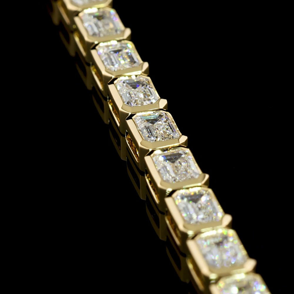 14K Yellow Gold 6.85 Carat East-West Bezel Set Emerald Cut Lab Diamond Tennis Bracelet with 35 Stones - Covaloro Fine Jewelry