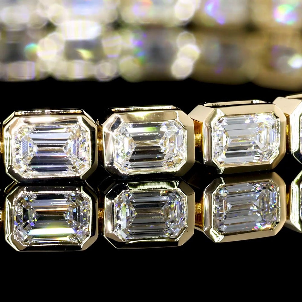 14K Yellow Gold 6.85 Carat East-West Bezel Set Emerald Cut Lab Diamond Tennis Bracelet with 35 Stones - Covaloro Fine Jewelry