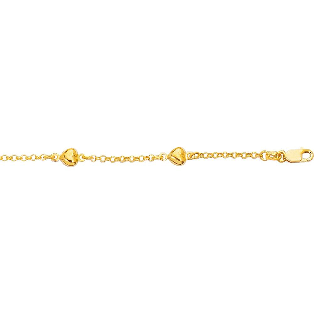 14K Yellow Gold 6" Heart Station Bracelet with Polished Finish - Fancy Link Chain by Orozza Fine Jewelry