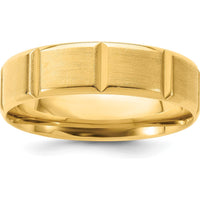 14K Yellow Gold 6mm Comfort Fit Wedding Band with Brushed and Polished Beveled Edge and Vertical Lines by Luciano & Cie