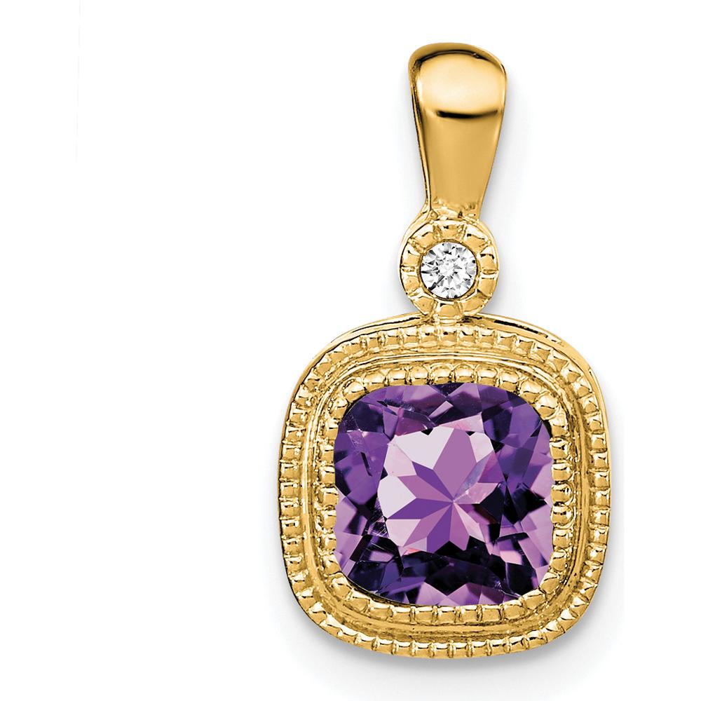 14K Yellow Gold 6mm Cushion Amethyst and Round Diamond Pendant - 0.86 Carat Amethyst, 0.015 Carat Diamond by Lumare Gioia