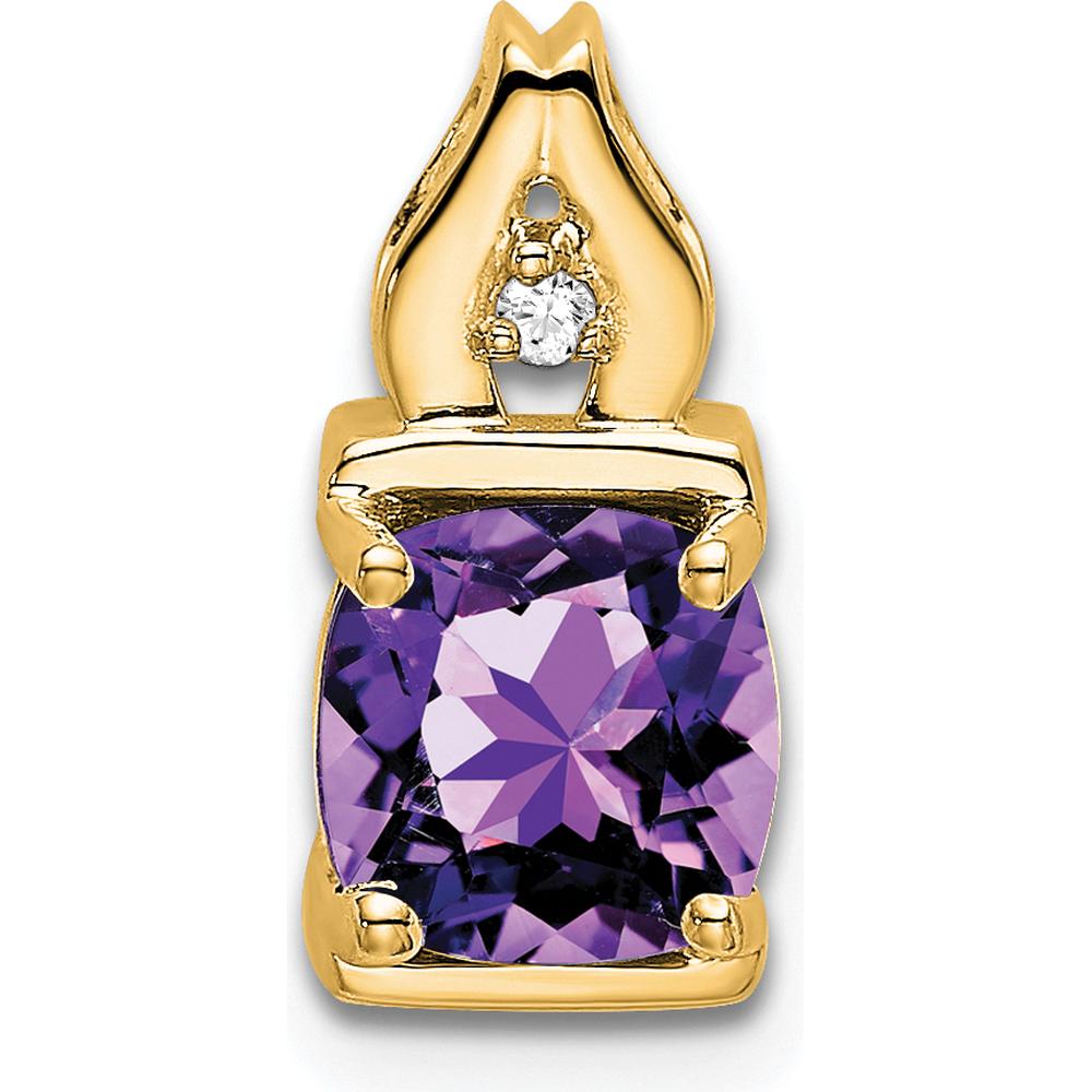 14K Yellow Gold 6mm Cushion Amethyst and Round Diamond Pendant by Lumare Gioia