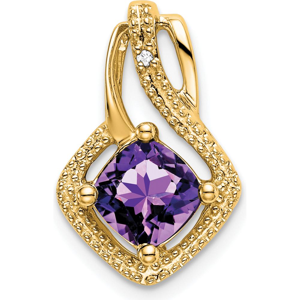 14K Yellow Gold 6mm Cushion Cut Amethyst and Diamond Pendant - 0.73 Carat Amethyst, 0.005 Carat Diamond by Lumare Gioia