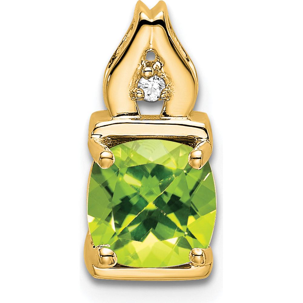 14K Yellow Gold 6mm Cushion Cut Peridot Pendant with Round Diamond Accent - 0.9 Carat Peridot, 0.01 Carat Diamond by Lumare Gioia