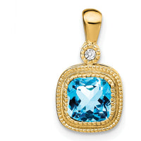 14K Yellow Gold 6mm Cushion Swiss Blue Topaz and Round Diamond Pendant - 1.1 Carat Total Topaz Weight by Lumare Gioia