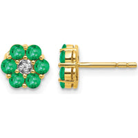 14K Yellow Gold 6mm Floral Stud Earrings with Round Emeralds 0.048 Carat and Diamond Accents 0.005 Carat by Monteluci Fine Jewelry