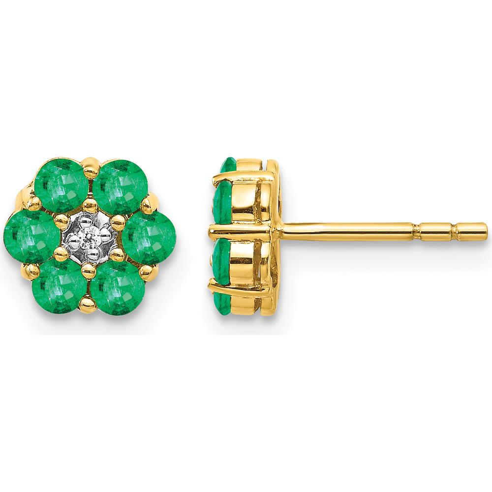 14K Yellow Gold 6mm Floral Stud Earrings with Round Emeralds 0.048 Carat and Diamond Accents 0.005 Carat by Monteluci Fine Jewelry