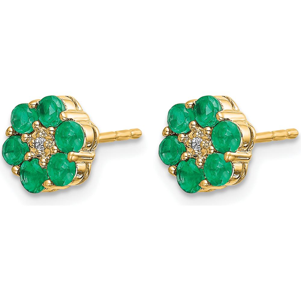 14K Yellow Gold 6mm Floral Stud Earrings with Round Emeralds 0.048 Carat and Diamond Accents 0.005 Carat by Monteluci Fine Jewelry