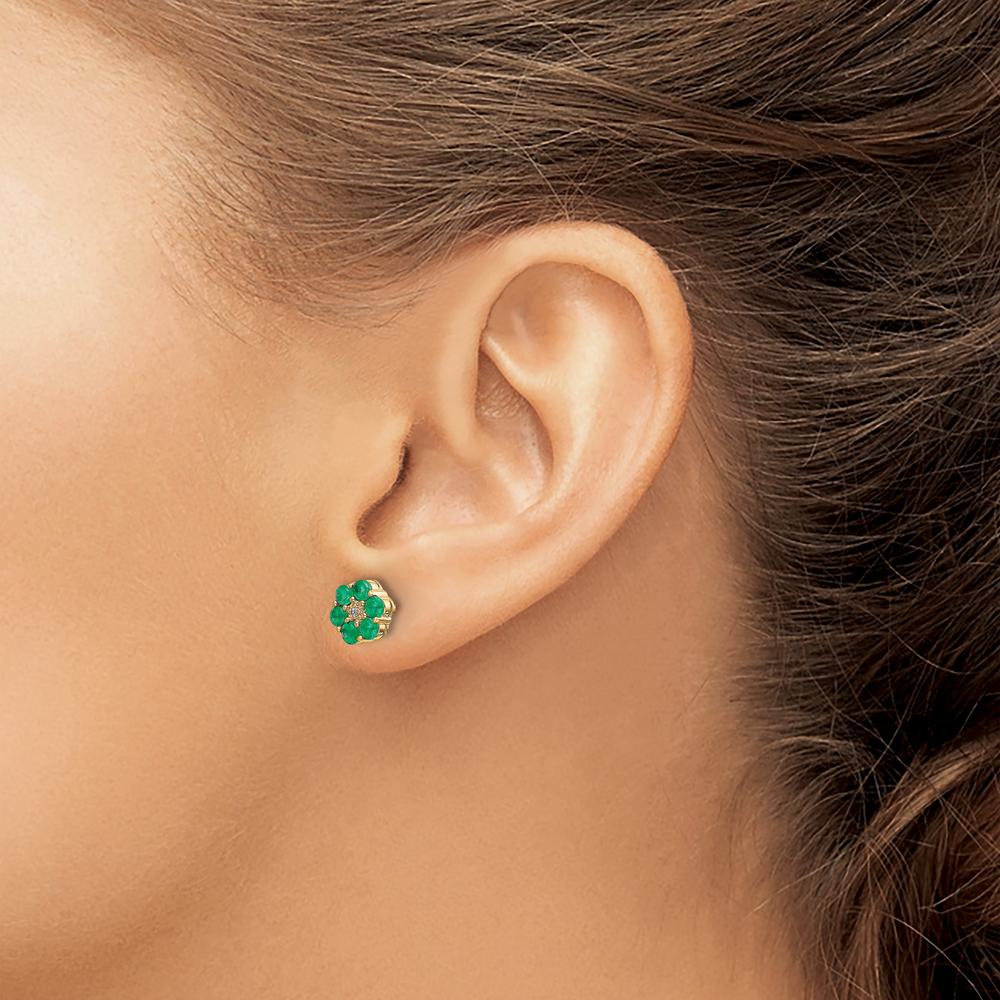 14K Yellow Gold 6mm Floral Stud Earrings with Round Emeralds 0.048 Carat and Diamond Accents 0.005 Carat by Monteluci Fine Jewelry