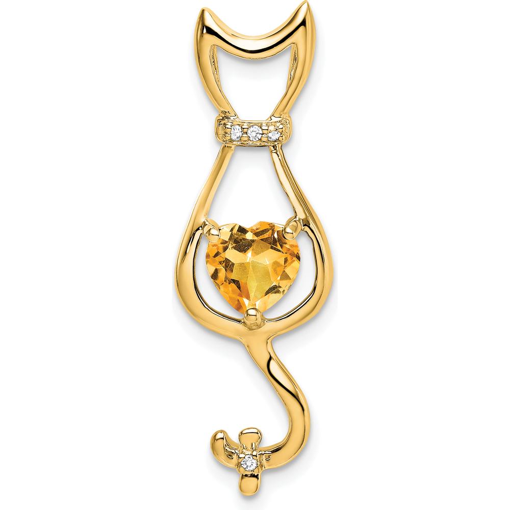 14K Yellow Gold 6mm Heart Citrine and Diamond Cat Chain Slide - 0.99 Carat Citrine, 0.02 Carat Total Diamond Weight by Lumare Gioia