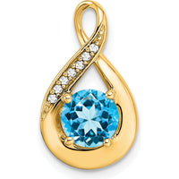 14K Yellow Gold 6mm Round Swiss Blue Topaz and Diamond Pendant - 0.8 Carat Swiss Blue Topaz, 0.035 Carat Diamond Total Weight by Lumare Gioia
