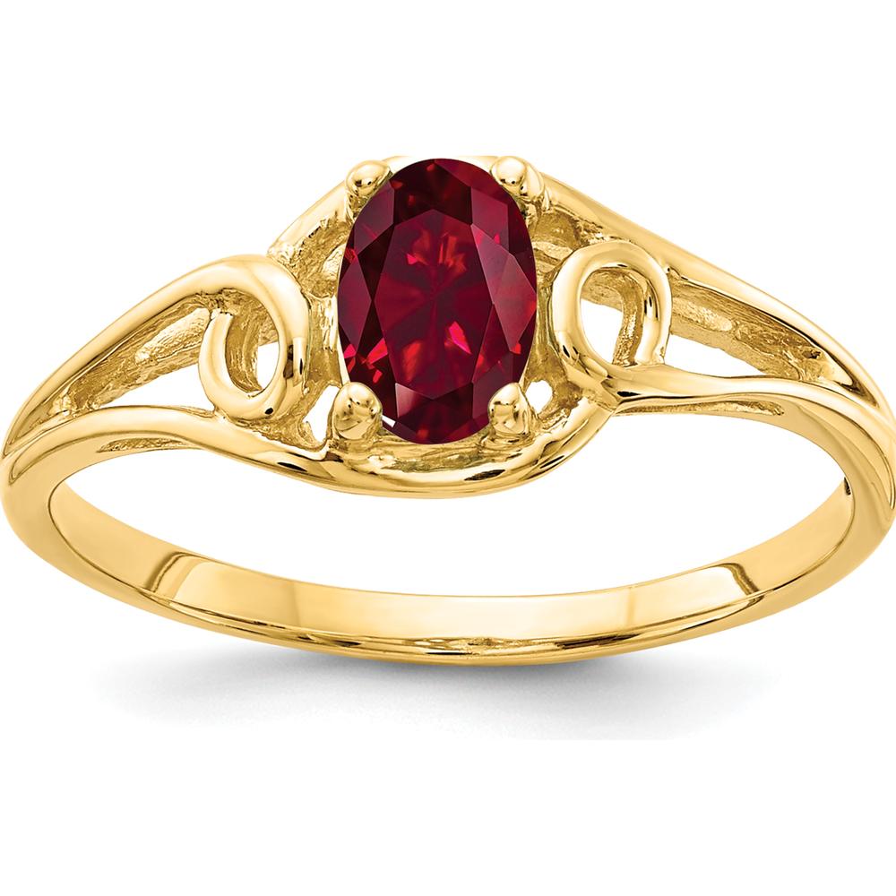 14K Yellow Gold 6x4mm Oval Created Ruby Ring with Open Swirl Design - 0.60 Carat Gemstone Weight by Monteluci Fine Jewelry