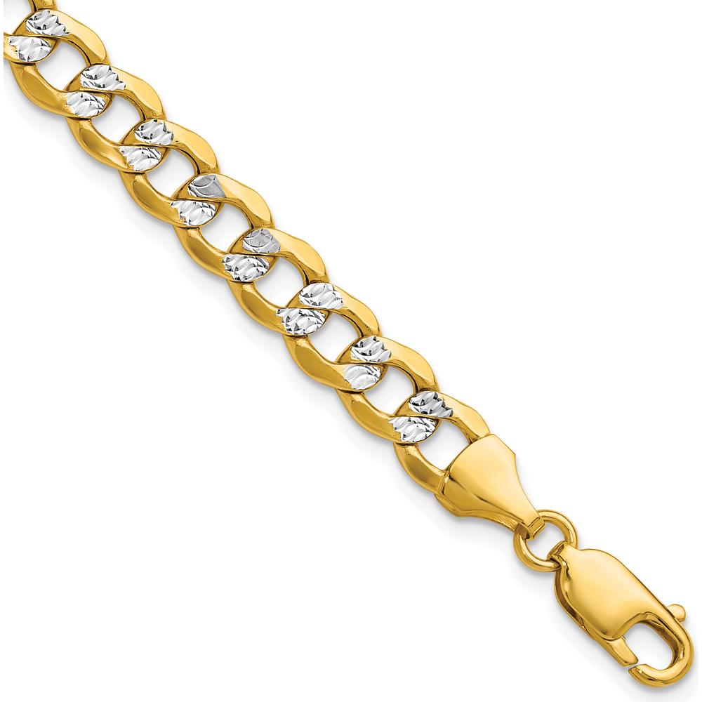 14K Yellow Gold 7.1mm Rhodium Pavé Curb Chain Bracelet - 8 Inches in Length by Oro Pregiato