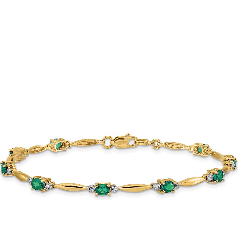 14K Yellow Gold 7.25" Bracelet with Oval Emeralds and Round Diamonds - 0.22 Carats Total Emerald Weight, 0.01 Carats Total Diamond Weight by Monteluci Fine Jewelry