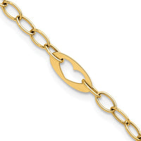 14K Yellow Gold 7.25" Cable Link Bracelet with Polished Cut-Out Heart Motifs by 0